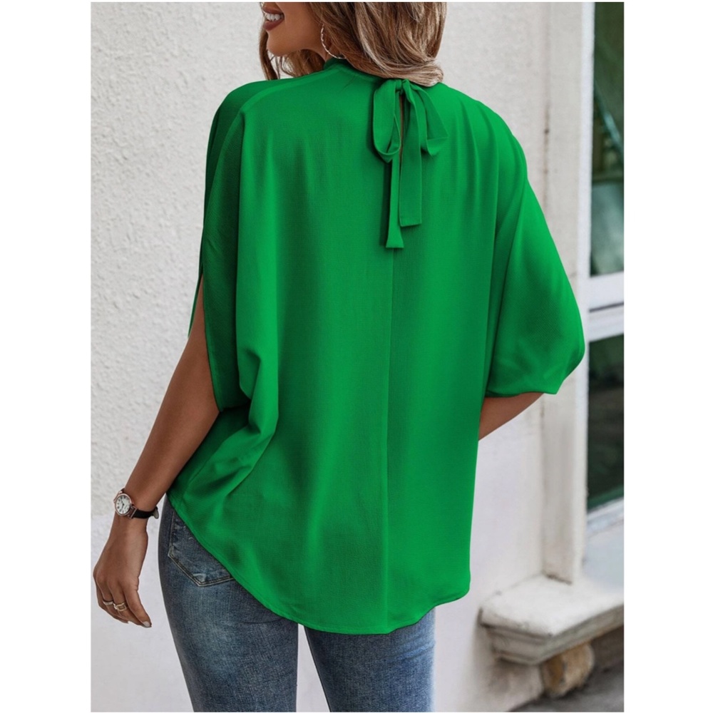 Green Blouse Top Flowy, High Neck - Picture 3 of 9